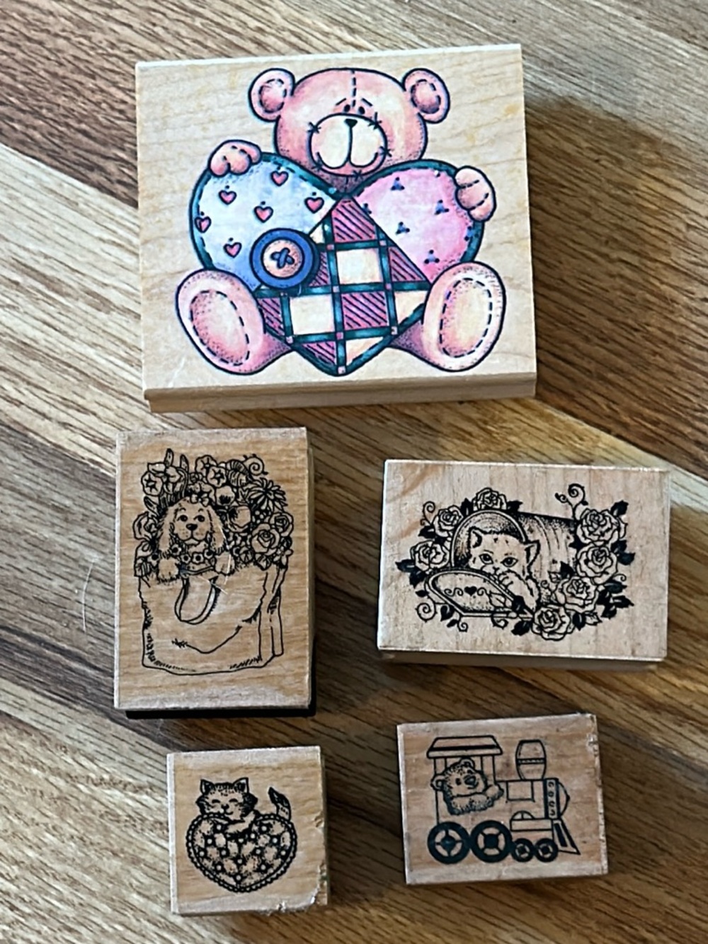 Wooden Stamp Set with bears kitty and dog